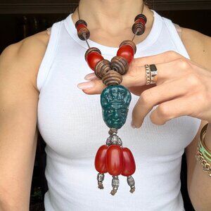 Vintage Artisan Boho Statement Necklace - Carved Jade & Coral Tones